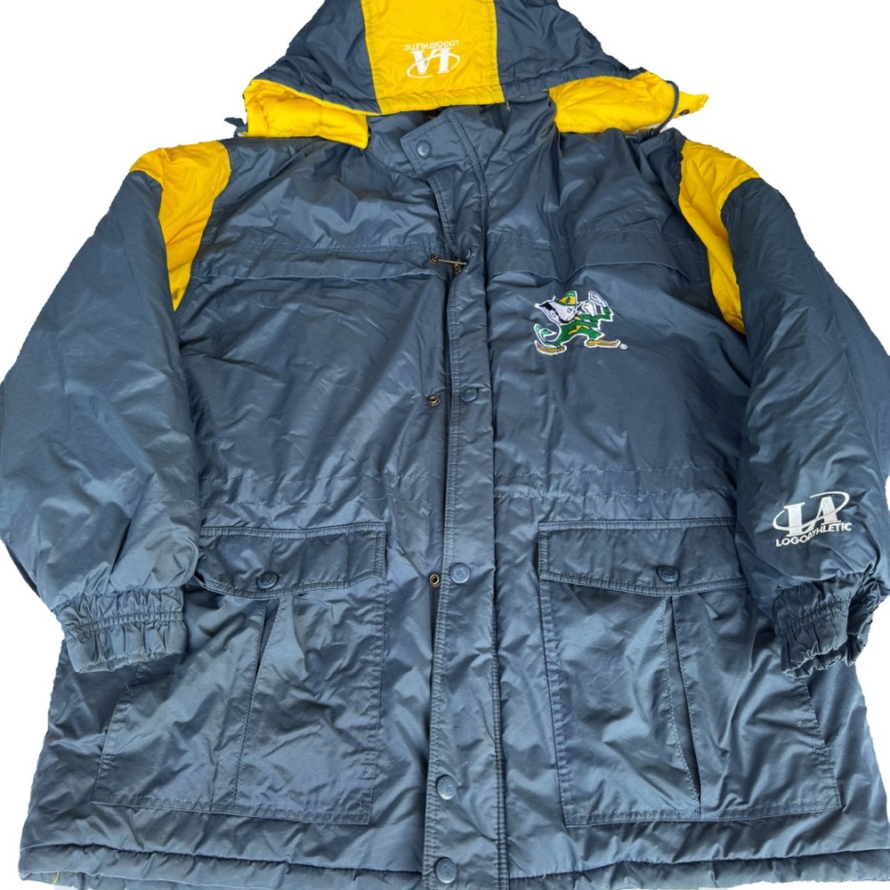 Vintage Notre Dame Logo Athletic Puffer Jacket Blue Gold Size Large Hooded